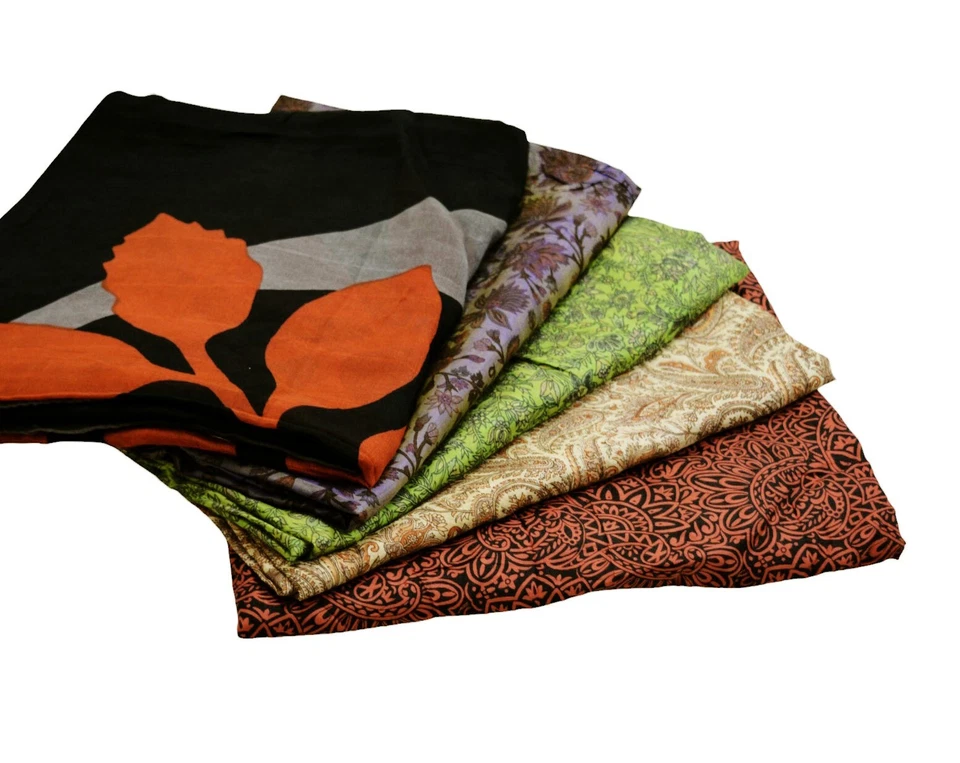 Vintage Lot Of 5 Sarees Recycled Used Felting Quilting Pure Silk Sari defects - Image 2 of 4