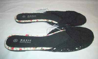 NEW with TAGS ~ BASIC EDITIONS Women's Black Crochet Slip On Slipper Flats 8.5