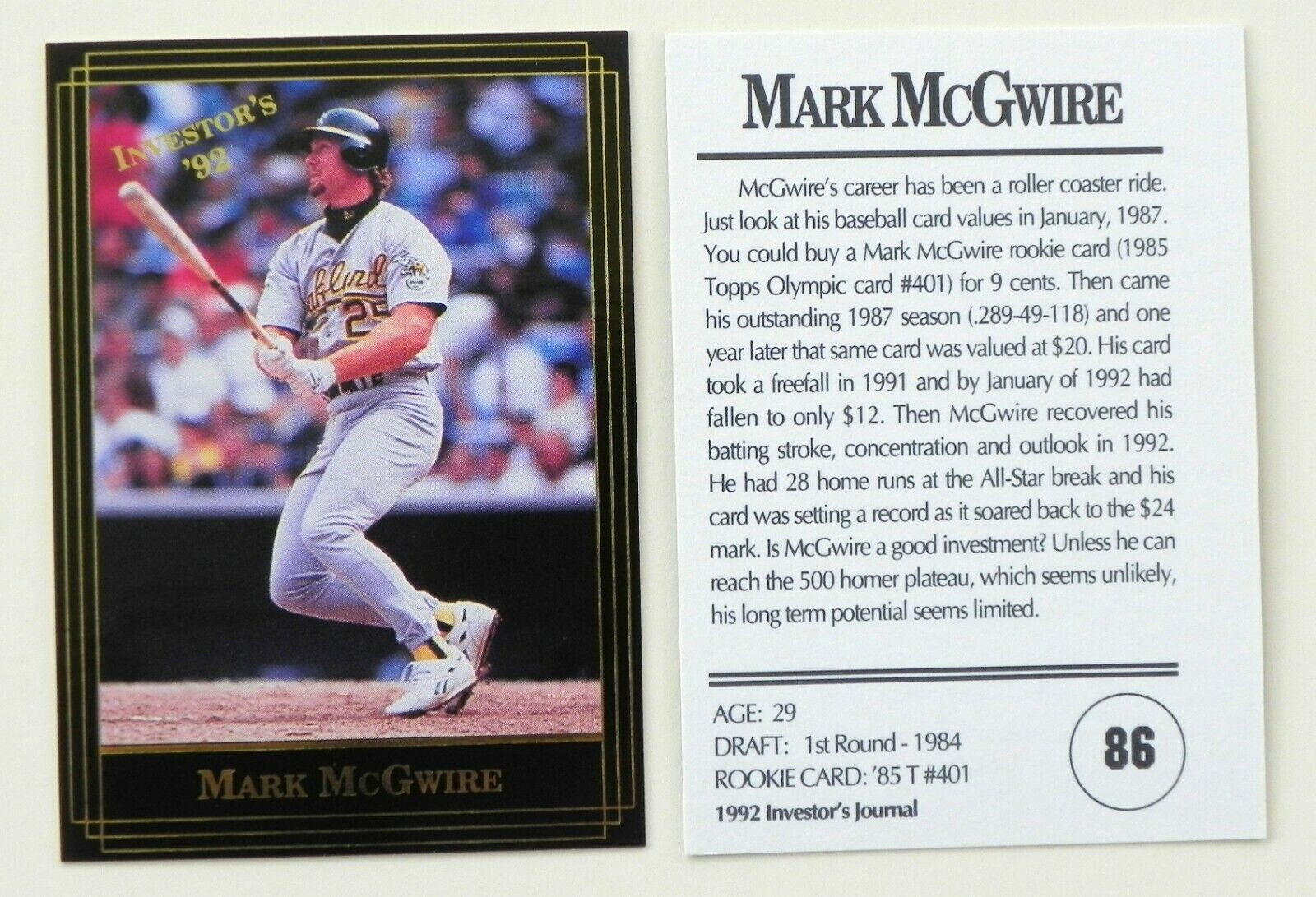 Mark McGwire (1) 1992 Investor's Journal Card #86