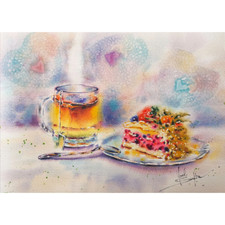 Original Watercolor Tea and Cake Still Life Painting - Kitchen Wall Art, 11"x15"
