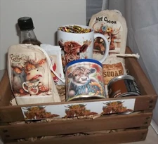 Highland cow Gift Basket Crate Coffee Sugar Cream Candy Nuts Cocoa Wood Crate