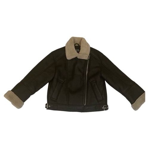 Zara Girls Black Faux Fur Shearling Biker Jacket Zipper Belt Size 8-9 130cm coat