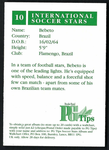 BROOKE BOND - INTERNATIONAL SOCCER STARS - #10 BEBETO, BRAZIL - Picture 2 of 2