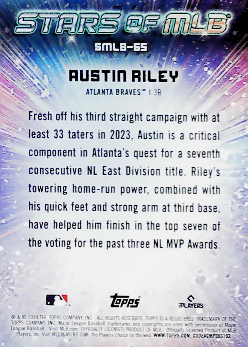 2024 TOPPS UPDATE STARS OF MLB SMLB-65 AUSTIN RILEY ATLANTA 2024 TOPPS UPDATE STARS OF MLB SMLB-65 AUSTIN RILEY ATLANTA