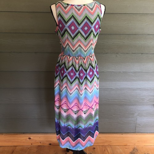 Abito donna oliva e rovere medio M alto basso rosa blu grigio stampa chevron boho - Foto 4 di 6