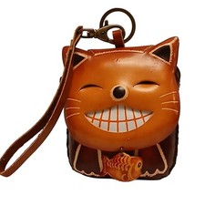 Leather Cat w/Fish Coin Purse Keychain Wrist Strap Handcrafted 4x3.25" M-16