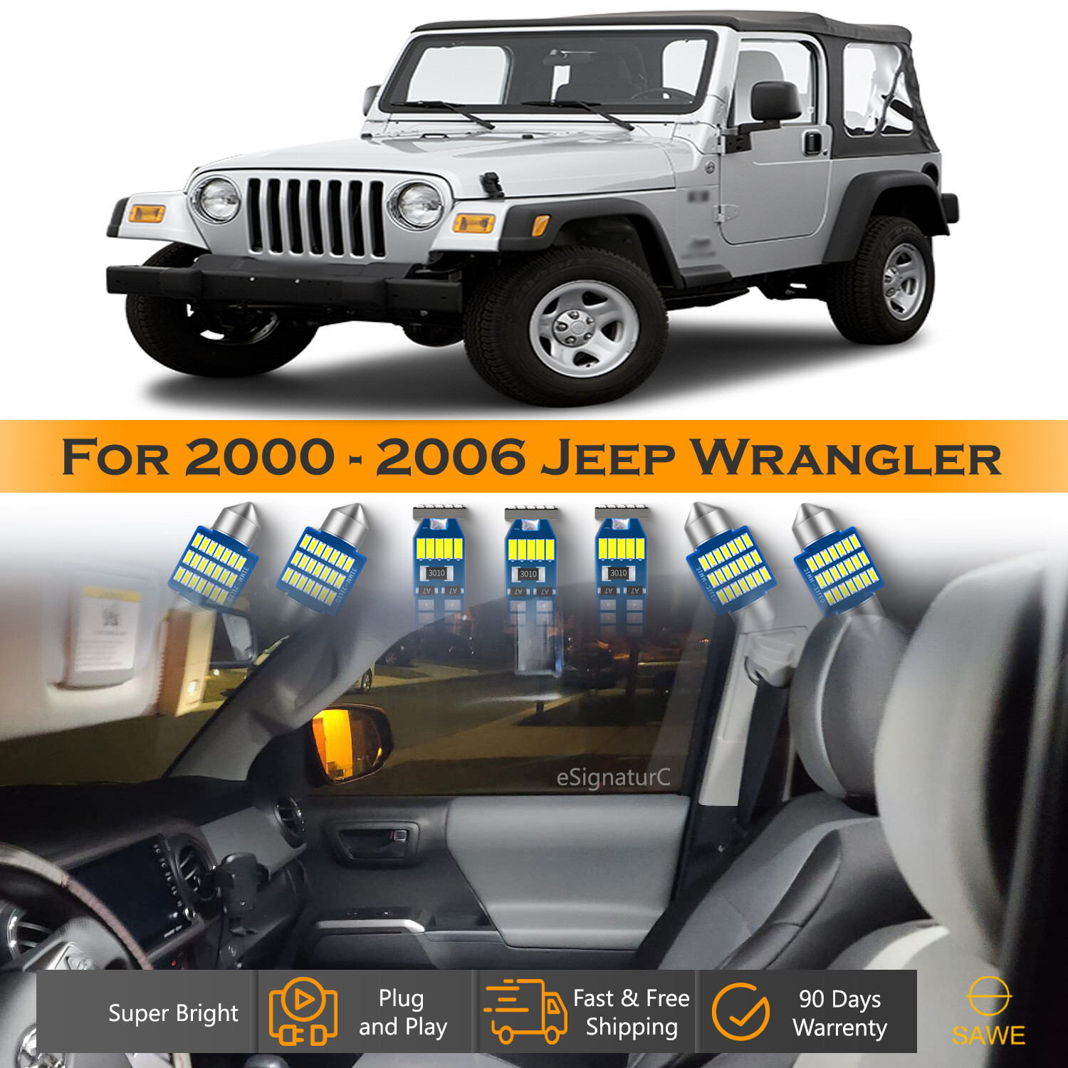 8 x Ultra White LED Lights Interior Package Kit For 2000 - 2006 Jeep Wrangler