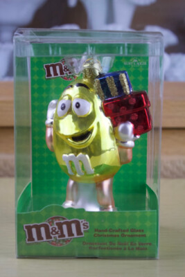 M&M Hand Crafted Glass Christmas Ornament Yellow M&M RARE