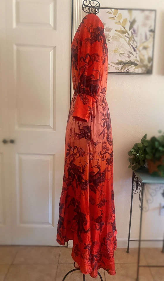 AllSaints Dress Wrap Midi Asymmetry Hem Tropical Forest Pattern Silk Blend Sz 6 - Image 3 of 4