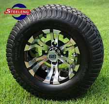 GOLF CART 10" MACHINED/BLACK VAMPIRE WHEELS/RIMS and 20" STREET/TURF TIRES (4)