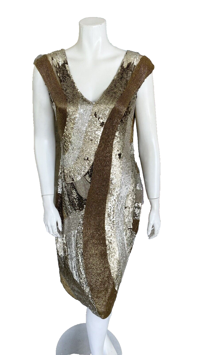 Monique Lhuillier Dress Red Carpet Sequined Gold Silk Silver Sheath Size 4  | eBay
