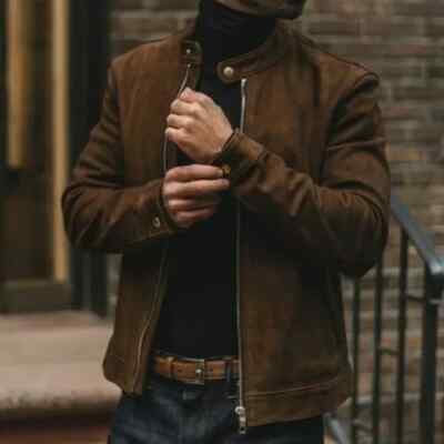 Men's Brown Suede Leather Jacket 100% Soft Real Lambskin Style Slim Fit Jacket