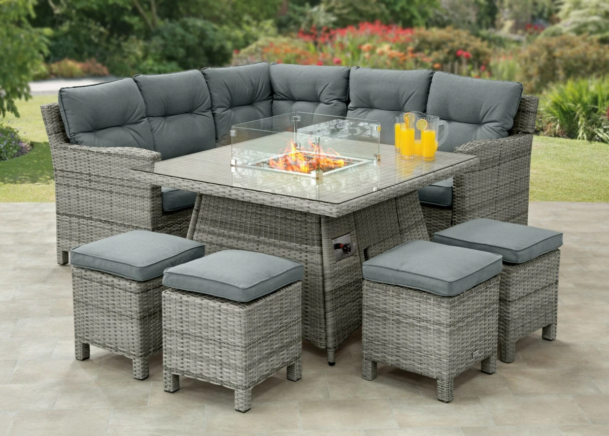 Rattan Garden Furniture Corner Fire Pit Set Aluminium 5 Year Guarantee