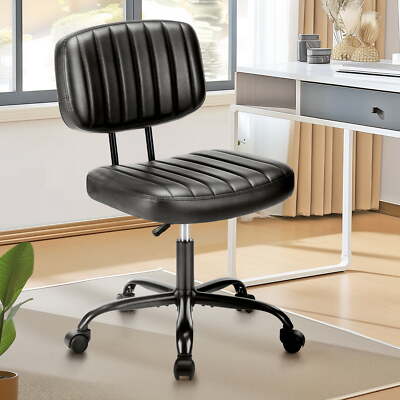 PU Leather Armless Home Office Chair with Lumbar Support Vanity Chair with Wheel