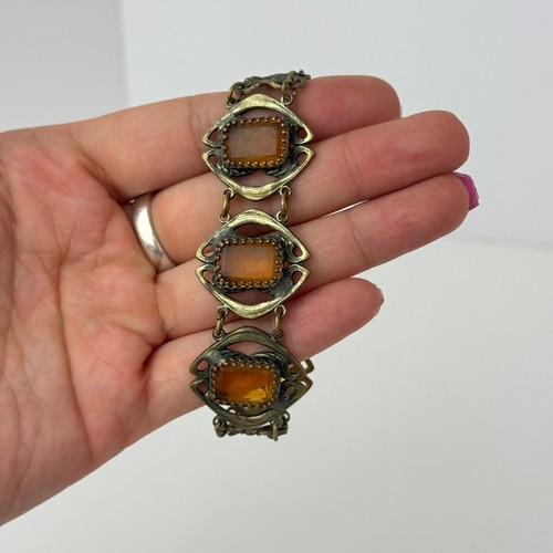 Antique Edwardian Czech Amber Glass Ornate Filigree Brass Bracelet 7.5" Vintage - Picture 10 of 13