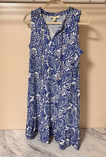 Michael Kors Blue/White Paisley Shift Dress V-Neck Sleeveless Knee Jersey M