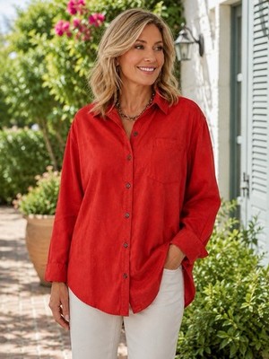CHICOS DESIGN L/2  Button Up Faux Suede Shirt-Long Sleeve-Classic-Orange/Red EUC