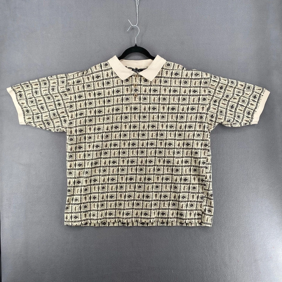 Polo Hawaiano Deportivo De Colección Años 90 Y2K 00s OP Para Hombres XL Crema Negro Floral Algodón Foto 2 de 4