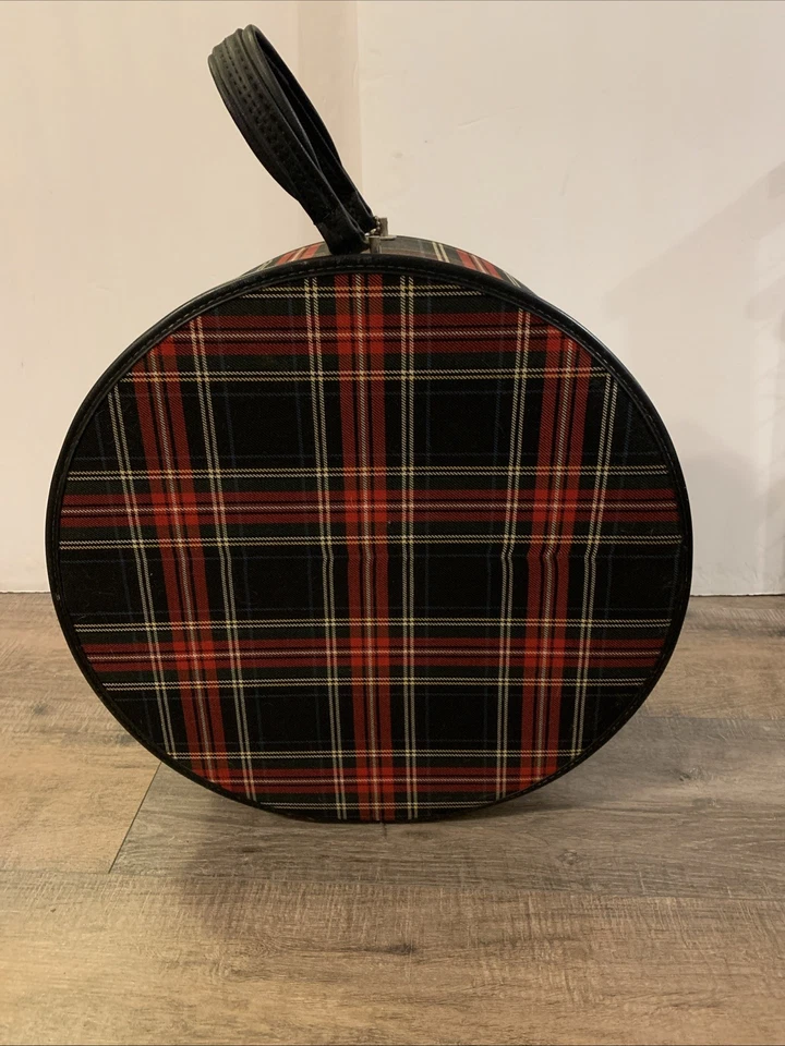 Vintage Atlantic Wig Hat Box Luggage Red Plaid Gray Satin Interior Lock W Key - Image 3 of 4