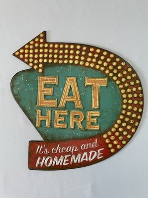 Retro Diner Kitchen Sign Plaque, ''Eat Here'' Vintage Old Fashioned Tin Wall Art