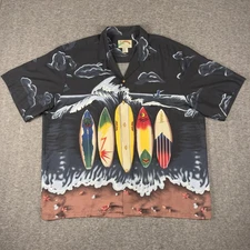 Vintage Paradise Found Hawaiian Shirt Mens 2XL Black Surfboard Aloha Rayon Beach