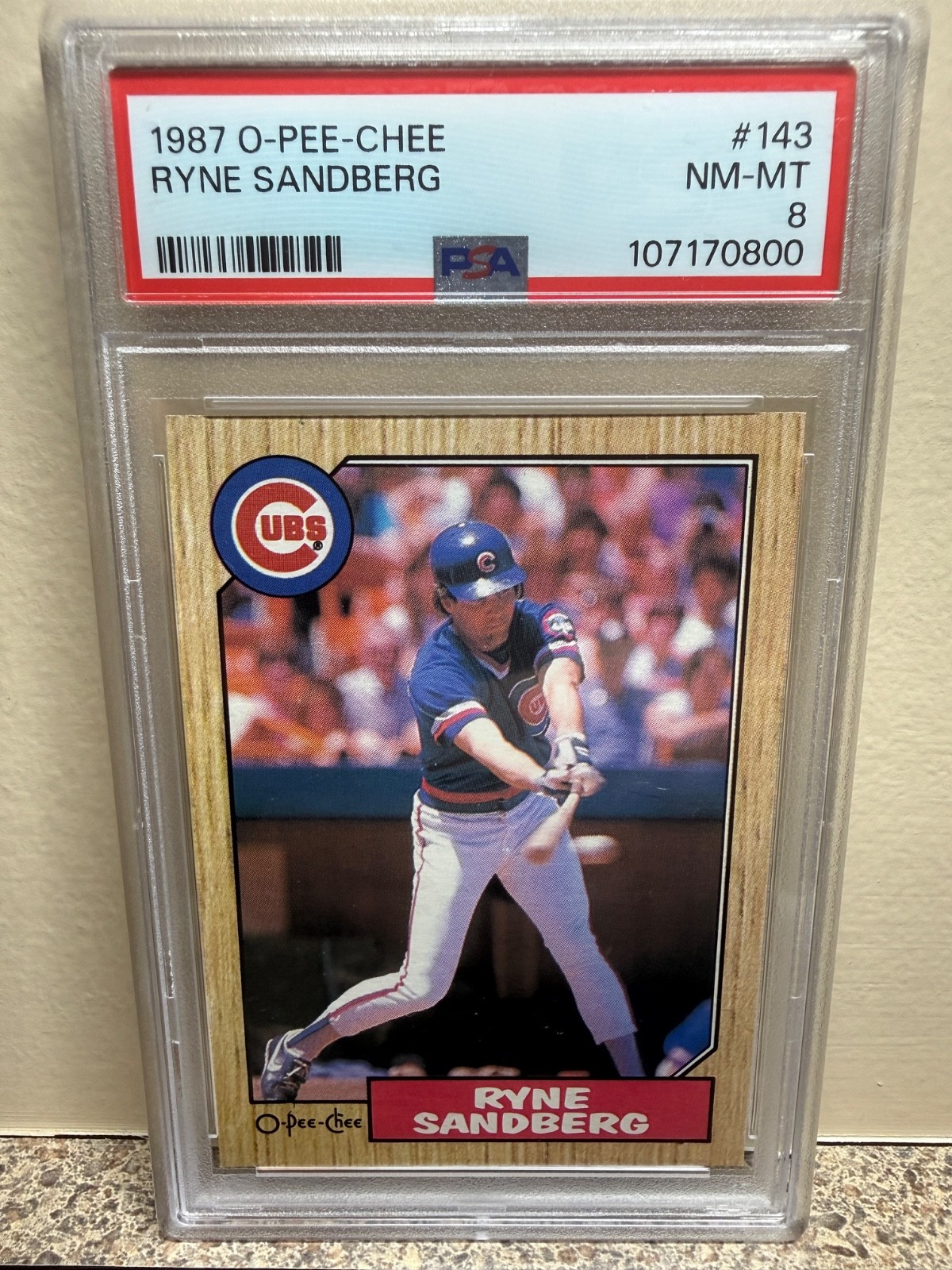 1987 O-PEE-CHEE #143 Ryne Sandberg, HOF, PSA 8 NM-MT, Chicago Cubs