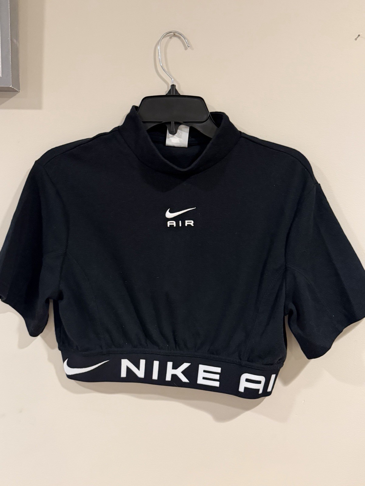 Nike Air Black Mock Neck Cropped T-Shirt, Short Sleeve, Logo Accent, Knit Cotton thumbnail 3