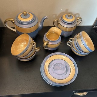 Vintage Art Deco Japanese Lusterware Tea Set Blue Gold Hand Painted Japan 1930s⁠