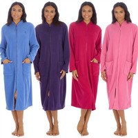 Ladies Zip Housecoat Robe Longer Length Fleece Dressing Gown