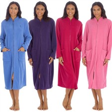 Ladies Zip Housecoat Robe Longer Length Fleece Dressing Gown