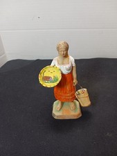 Vintage Mexican Folk Art Woman Figurine With Flower Basket And Decorative Plate