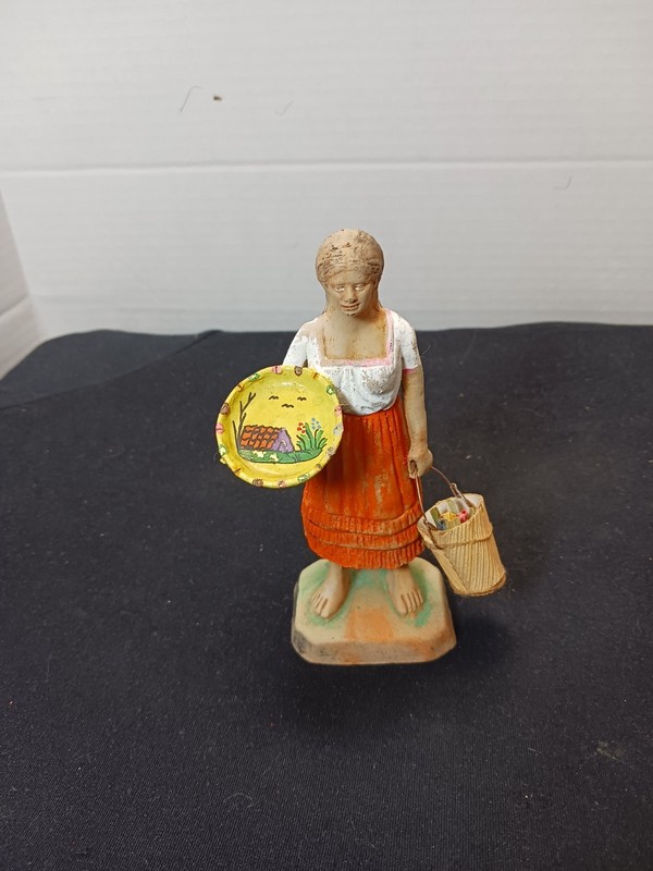 Vintage Mexican Folk Art Woman Figurine With Flower Basket And Decorative Plate