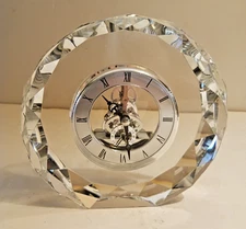 Vintage Round Faceted Crystal Skeleton Desk Clock Silver Dial/Gears 6 1/4" Works
