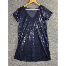 Lulus Navy Blue Sequin V-Neck Short Sleeve Shift Mini Dress Womens Small