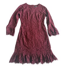 Lulus Floral Lace Bell Sleeve Mini Dress Womens S Romantic Party Wine Ruffle Hem