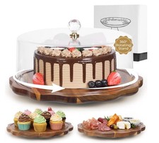 13" Rotating Acacia Wood Cake Stand w/Acrylic Dome Lid NEW