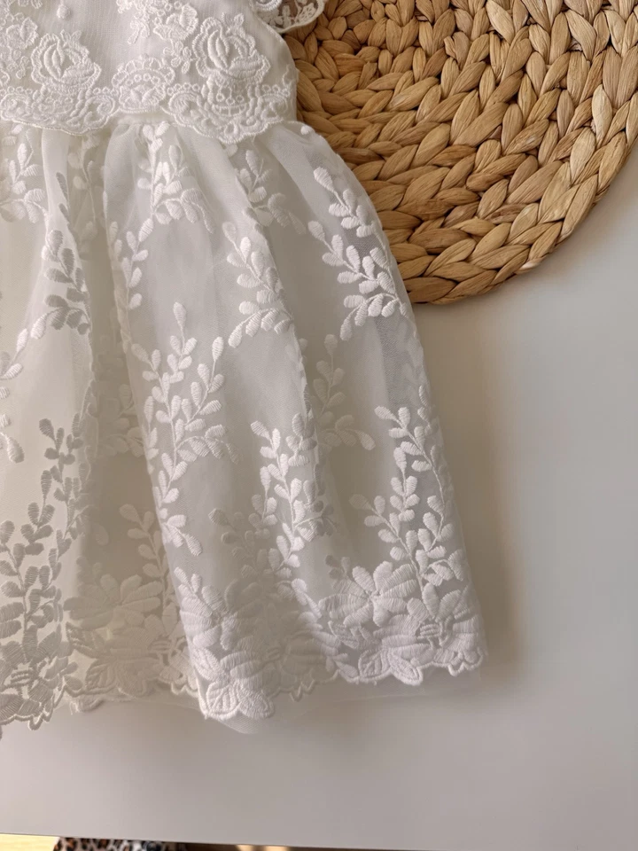 Vestido de bautizo, hecho a mano de algodón blanco roto vestido de bautizo para fiesta de bebé niña Foto 4 de 4