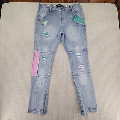 Blac Leaf Jeans Mens 36x32 Blue Slim Tapered Distressed Patchwork Ankle Zip