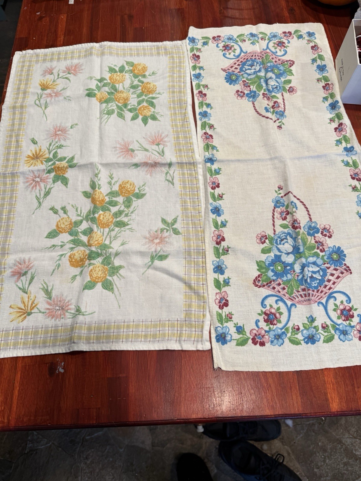Set of Two Dresser Scarves or Table Runners Vintage Retro Flower Design Fabric 