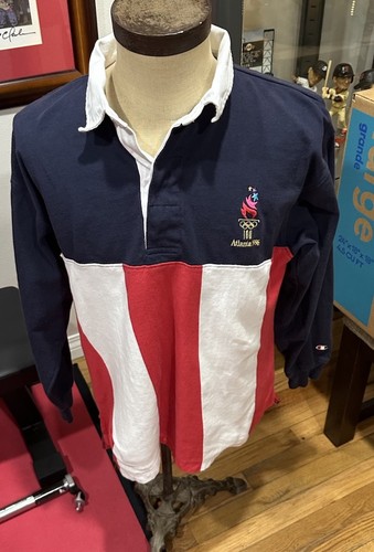 Vintage Champion 1996 Atlanta Olympics Long Sleeve Polo Rugby Flag Shirt Men L