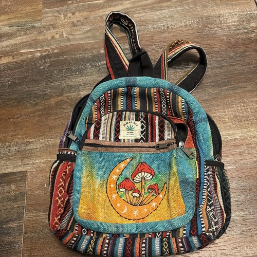 Himalayan Hemp Multicolor Backpack Embroidered Mushrooms Hiking External Pockets