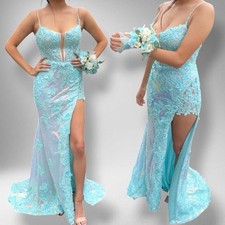 Sherri Hill 55059 Turquoise Lace Mermaid Prom Dress w Floral Appliqués – Size 4