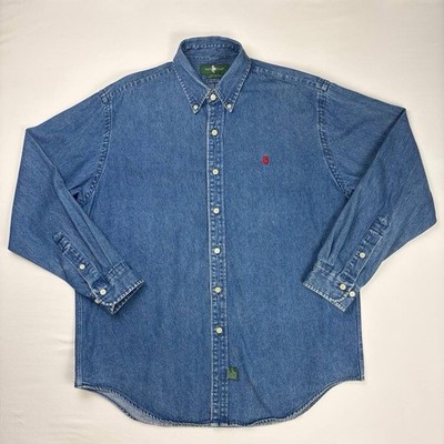 Vintage Hunt Club Men s Large Blue Denim Chambray Button Shirt Long Sleeve Pony