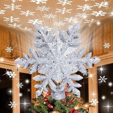 Christmas Tree Topper Lighted with LED Rotating Silver Snowflake Projector, 3D
