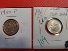 US Silver Coins.  Mercury And Roosevelt Silver Dimes. 1930 And 1964 Silver.