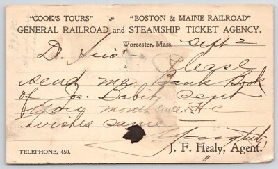 Cook's Tours Boston & Maine Railroad Ticket Agent Worcester MA Postcard 1905