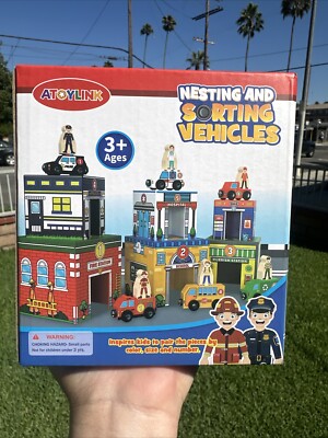 Nesting and Sorting Blocks - 6 Buildings, 6 Wooden Vehicles，brand new