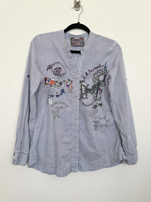 Desigual Pinstripe Sequin Embroidered Shirt Blue Roll Tab Y2k Vintage Size Small