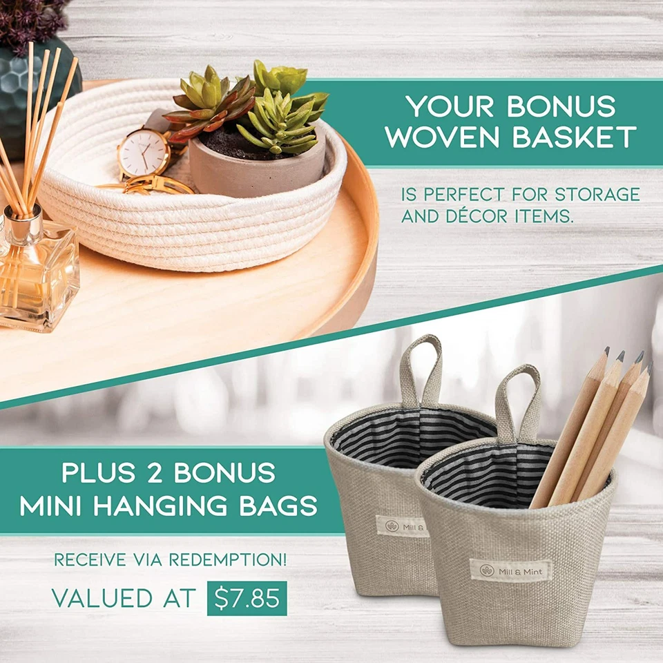 Wall Hanging Basket Storage Set, 2 White Hanging Baskets & Extra Tabletop Basket - Image 2 of 4