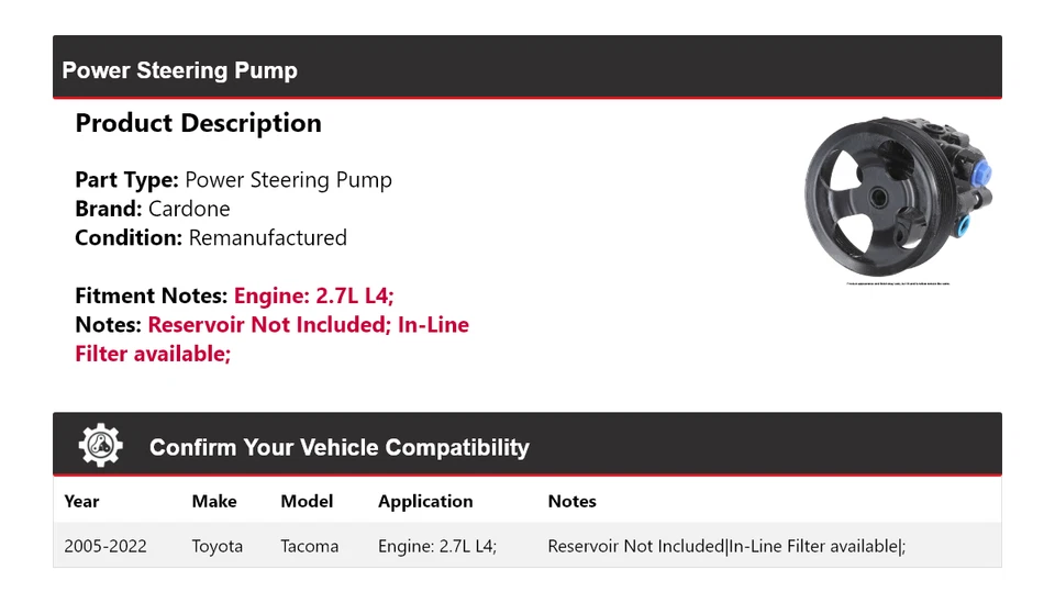 Bomba de dirección asistida Cardone para Toyota Tacoma 2005-2022 2,7 L L4 2006 2007 2008 Foto 2 de 4